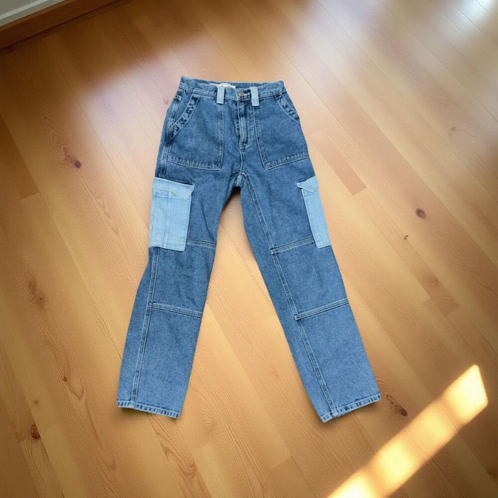 PacSun Two Toned Hi Rise Denim Cargo Jeans Size 3 23x26”  #44